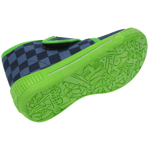 A pair of SUPERFIT Hausschuh 253-88 denim-neongrün Rennwagen slippers with a cool race car design in blue and neon green