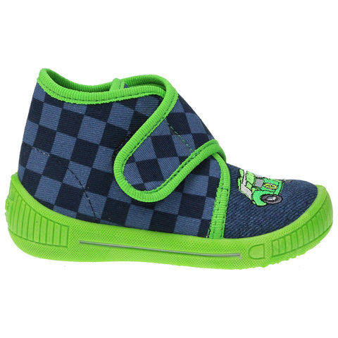 Comfortable and stylish SUPERFIT Hausschuh 253-88 in denim-neongrün featuring a fun and colorful Rennwagen design