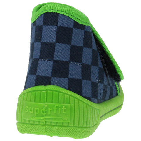 Denim and neon green SUPERFIT Hausschuh 253-88 with a fun and vibrant racing car design