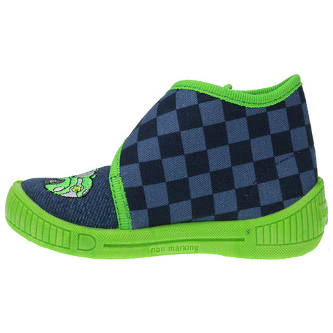 Comfortable SUPERFIT Hausschuh 253-88 in denim-neongrün color, featuring a stylish Rennwagen design