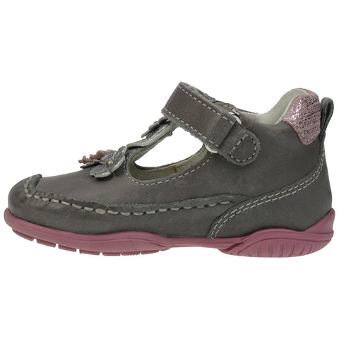 PRIMIGI Spangenschuh 70762 - grau - flieder, side view of gray and lilac shoe with buckle closure