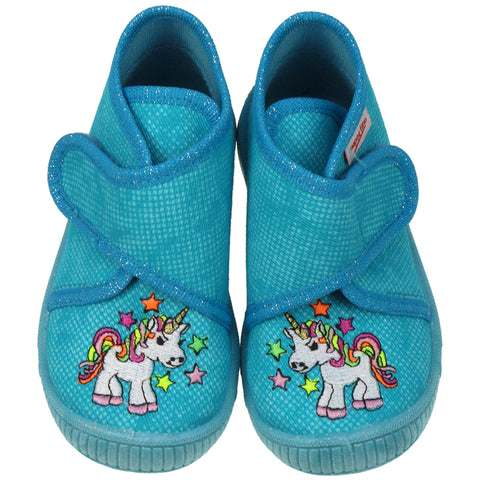 Superfit turquoise unicorn slippers with fluffy interior and non-slip sole