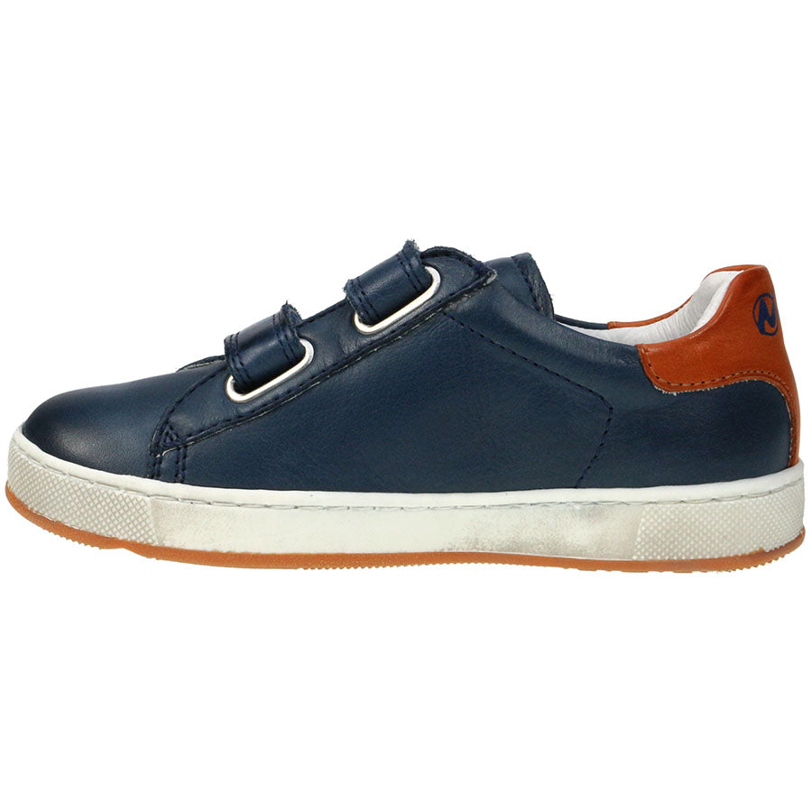 High-quality leather shoes for kids in navy and orange color