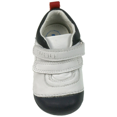 A white, navy, and red PRIMIGI PreWalker 14004 shoe with a soft sole and secure velcro strap