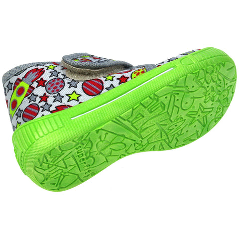 Red and green SUPERFIT Hausschuh 246-20 with space-themed design on white background