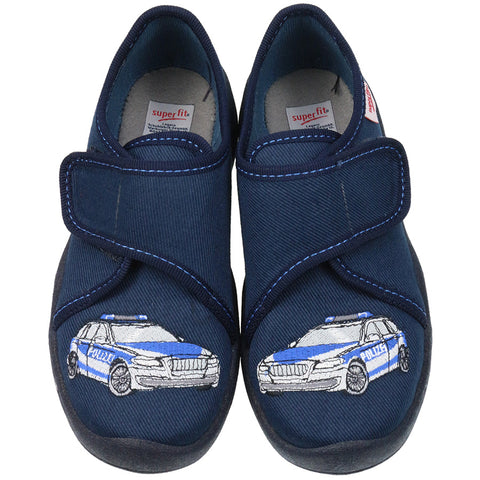 Comfortable blue SUPERFIT Hausschuh BENNY 298-80 featuring a fun police design