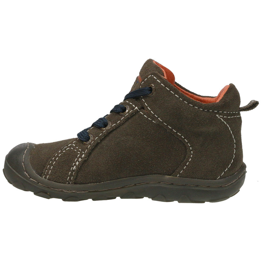 High-quality leather ankle shoe for kids in brown with navy accents