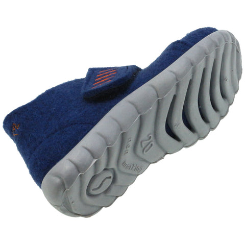 A cozy and comfortable pair of blue SUPERFIT Hausschuh HAPPY 291-80 slippers with a kipplaster design