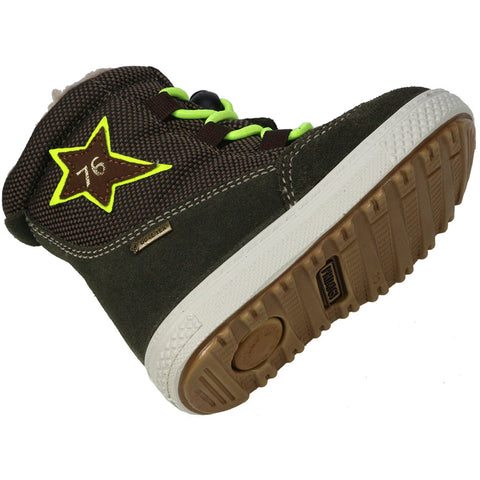  Pair of PRIMIGI GORE-TEX Stiefel 23730 in brown and neon, displayed with the original box
