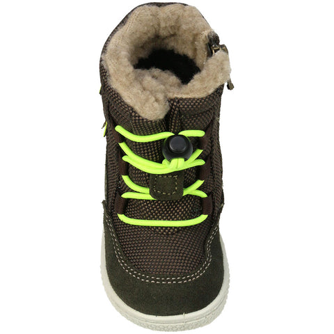  PRIMIGI GORE-TEX Stiefel 23730 in brown and neon, back view, with water droplets on the surface