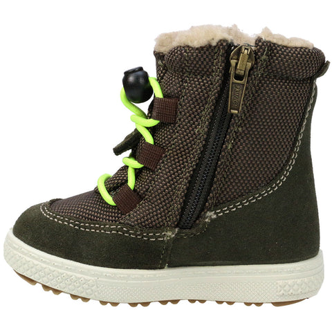  Close-up of the side of PRIMIGI GORE-TEX Stiefel 23730 in brown and neon, showing the waterproof material