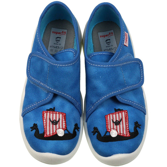 Blue SUPERFIT Hausschuh BENNY 298-8010 featuring a Viking ship design, ideal for indoor wear