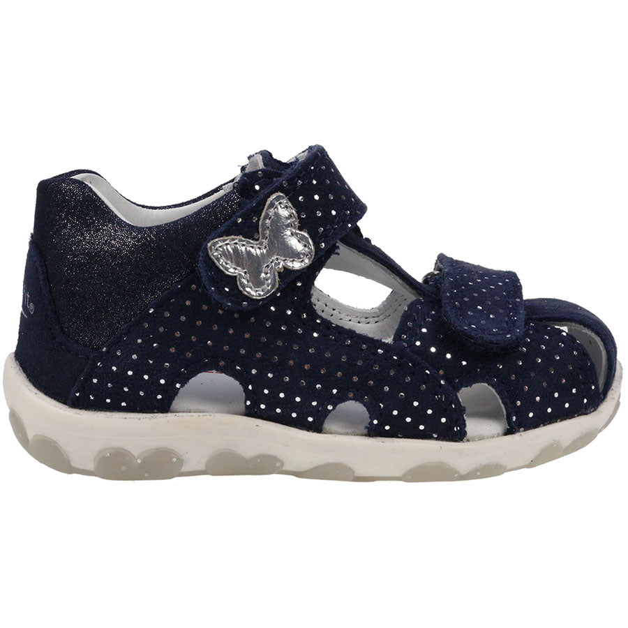 Close-up view of SUPERFIT Halbsandale FANNI 041-80 in navy and silver with polka dot pattern 