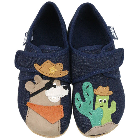 Dark denim cowboy LIVING KITZBÜHEL Hausschuh 3518-590 slipper with intricate stitching and cozy fleece lining