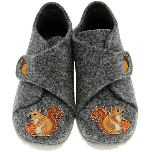 Comfortable and cozy SUPERFIT Hausschuh HAPPY 290-20 grau - Eichhörnchen, featuring a cute squirrel design on a gray background