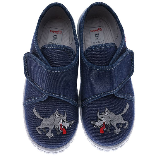 Comfortable and stylish SUPERFIT Hausschuh BILL 278-802 in jeans color with wolf design