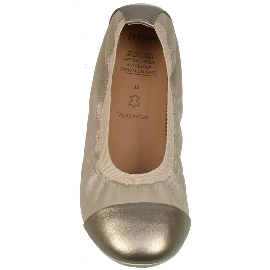 Stylish and comfortable GEOX Ballerina PIUMA J92B0A in gold and beige color, perfect for all-day wear and versatile styling