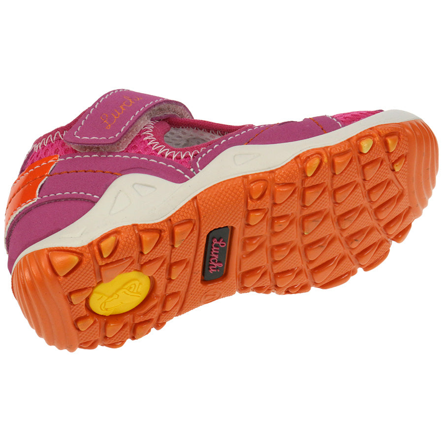 A close-up image of the Lurchi Spangenschuh 14591-23 in pink and neon orange, featuring a stylish design with a comfortable strap and durable sole