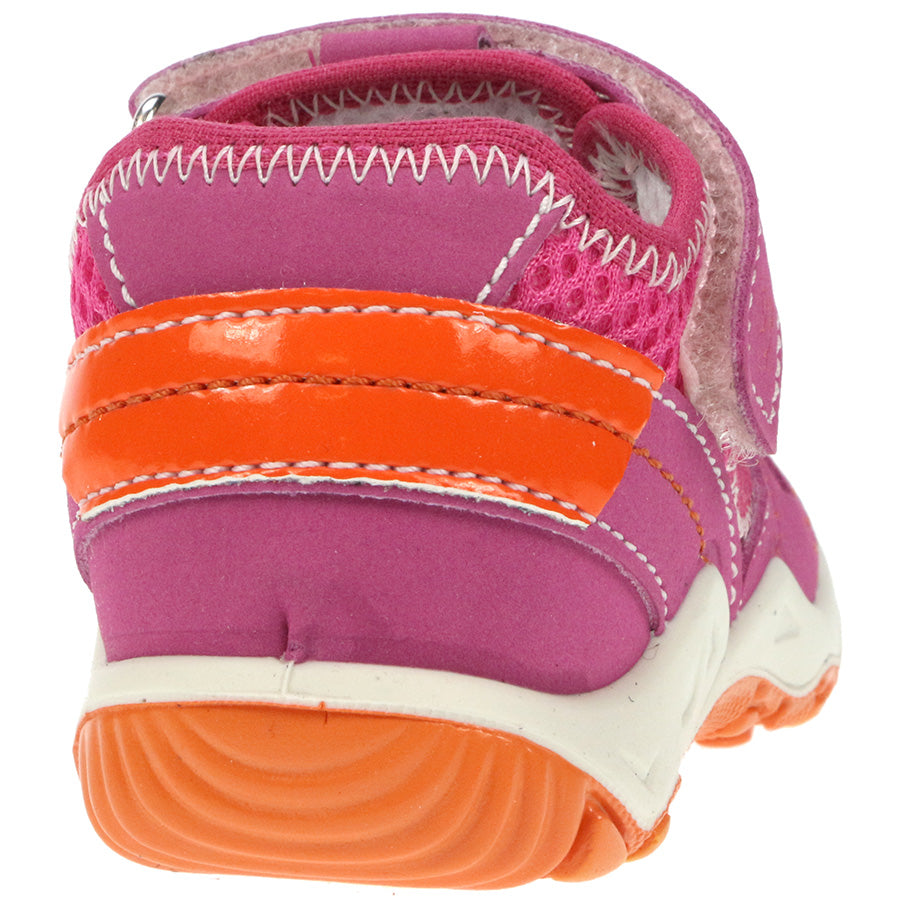 Close-up image of Lurchi Spangenschuh 14591-23 in pink with neon orange detailing, showcasing the stylish and vibrant design of the product