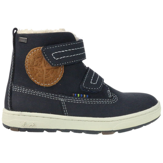 A high-quality image of the LURCHI TEX Knöchelschuh DIEGO 13509-22 in navy and brown, showcasing the durable and stylish design of the product