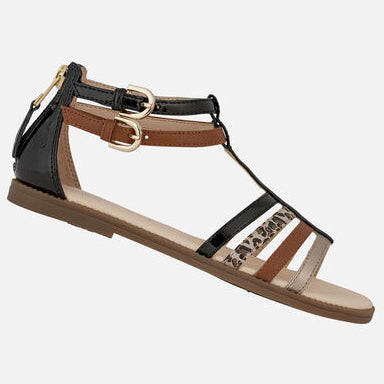 A pair of GEOX Sandale KARLY J7235D in black, brown, and leopard print, featuring comfortable and stylish design suitable for various occasions