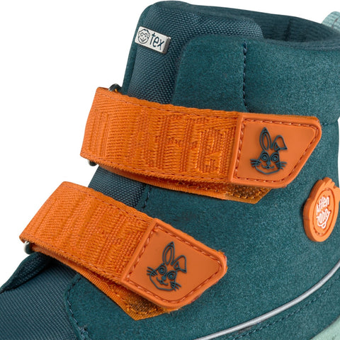 Side view of AFFENZAHN TEX Stiefel COMFY HASE - petrol - orange kids' boots with non-slip sole