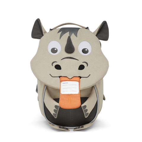 Small AFFENZAHN Rucksack KLEINER FREUND featuring a cute rhinoceros design for kids
