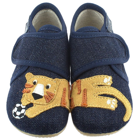 Alt text: LIVING KITZBÜHEL Hausschuh 3906-590 in jeans color with tiger and football design, cozy and comfortable slipper for indoor use