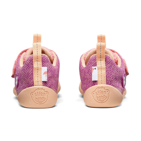 Adorable AFFENZAHN Barfuß Halbschuh KNIT HAPPY FLAMINGO in pink and fuchsia, perfect for little ones exploring barefoot comfort and style