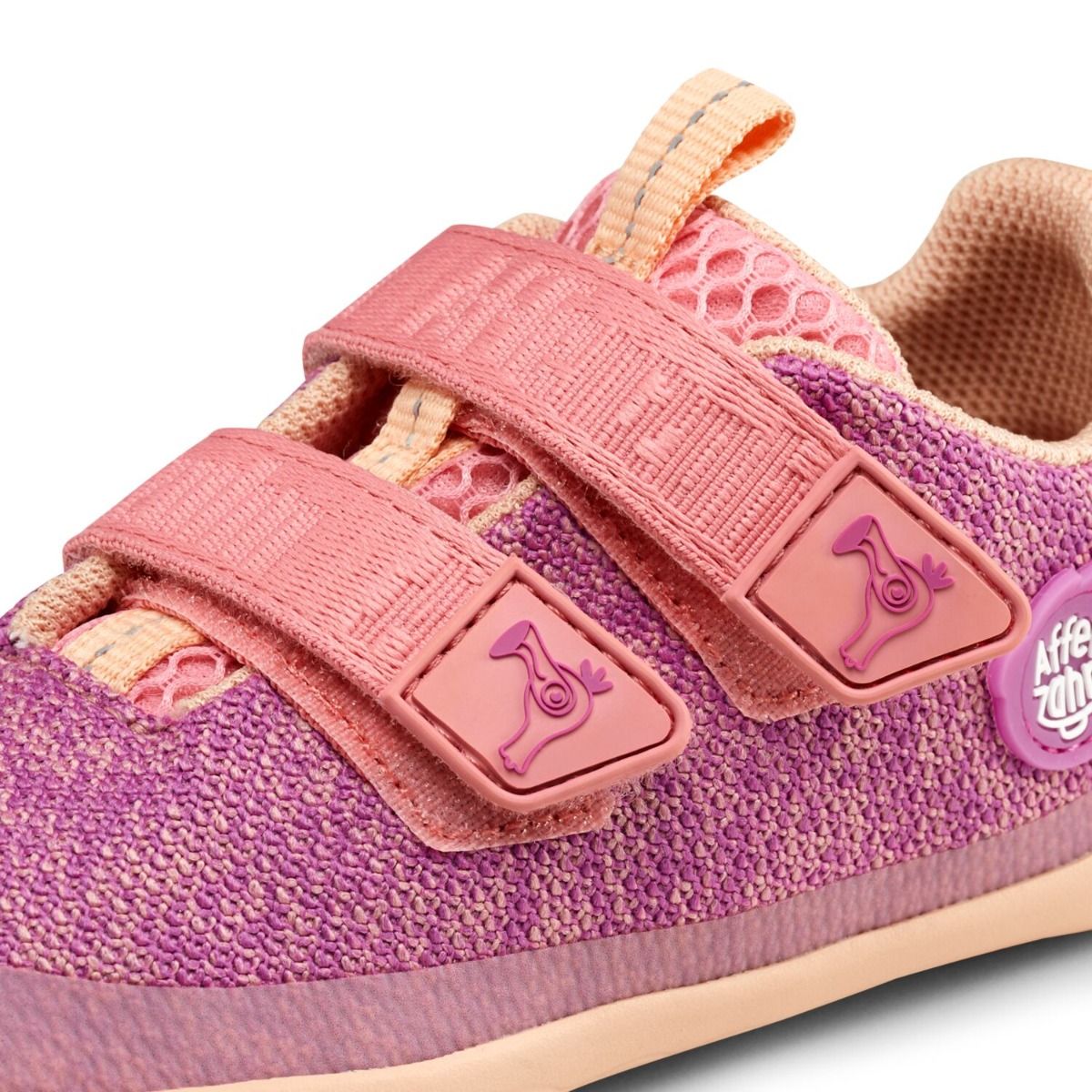 Adorable AFFENZAHN Barfuß Halbschuh KNIT in happy flamingo pink and fuchsia, perfect for little ones to run and play in