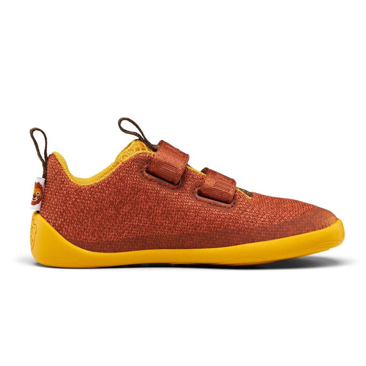 Red-brown and yellow knit happy lion barefoot half shoe by AFFENZAHN