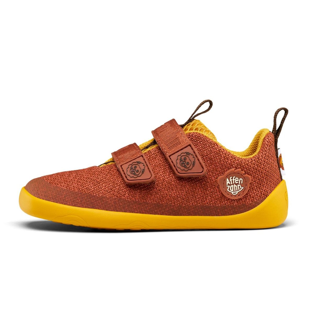 Reddish-brown and yellow AFFENZAHN Barfuß Halbschuh KNIT HAPPY LÖWE shoes with lion design