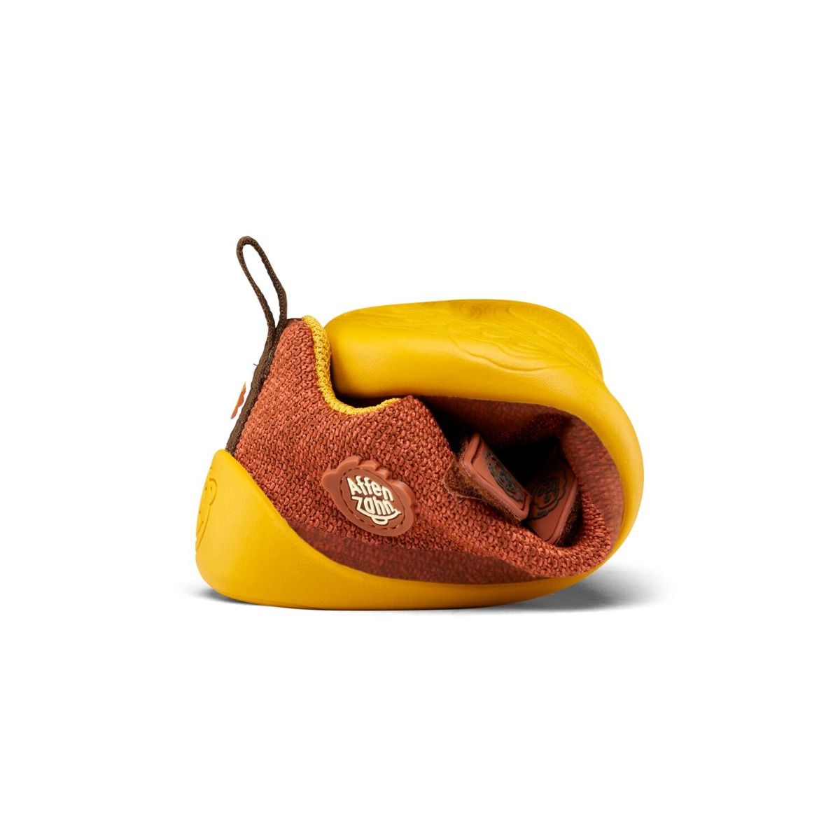 AFFENZAHN Barfuß Halbschuh KNIT HAPPY LÖWE - rotbraun / gelb is a vibrant and playful children's shoe in red-brown and yellow featuring a cute lion design