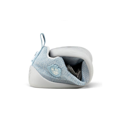 AFFENZAHN Barfuß Halbschuh KNIT HAPPY ROBBE - hellgrau / eisblau product shot featuring a light grey and ice blue sneaker with a cute animal design