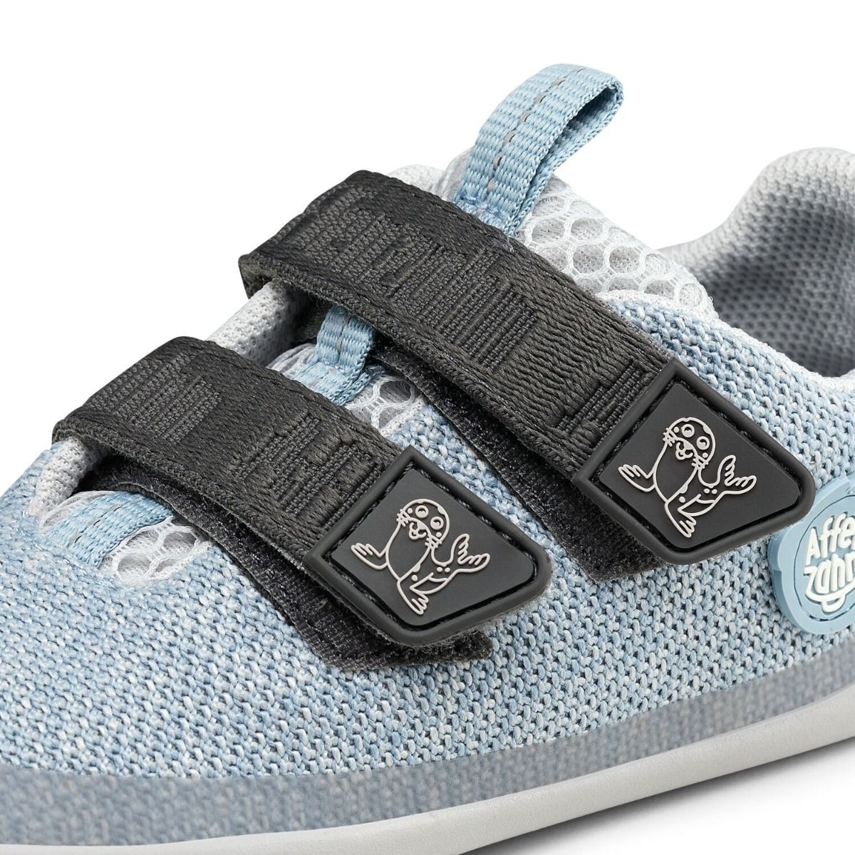 Light grey and ice blue AFFENZAHN Barfuß Halbschuh KNIT HAPPY ROBBE with playful robb e design