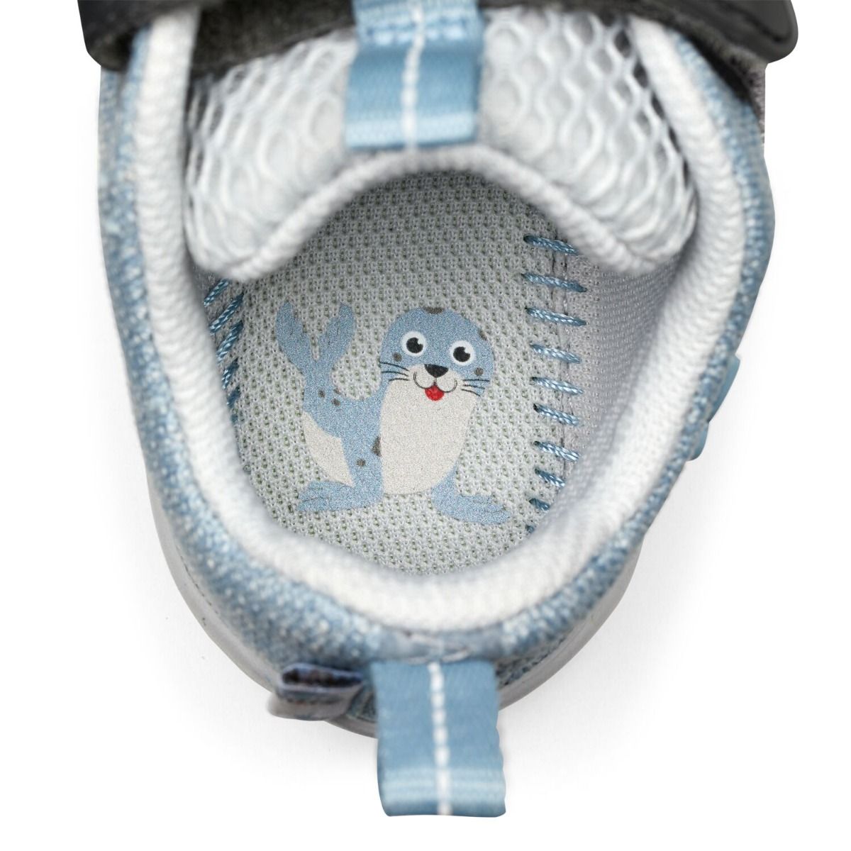 Light grey and ice blue knit half shoe with a happy seal design from AFFENZAHN