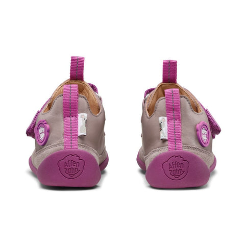 AFFENZAHN Barfuß Halbschuh BUDDY KOALA II in taupe color with violet accents, perfect for kids' outdoor adventures Eco-friendly and sustainable design with cute koala details

