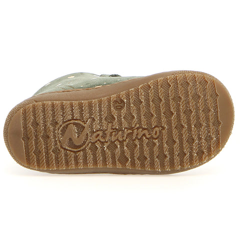 Happy boy jumping in a puddle wearing NATURINO Stiefel BUBBLE - tanne - gold boots, showing their water-resistant feature and fun, practical design