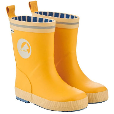 A bright yellow FINKID Gummistiefel VESI 7331002 with a playful design